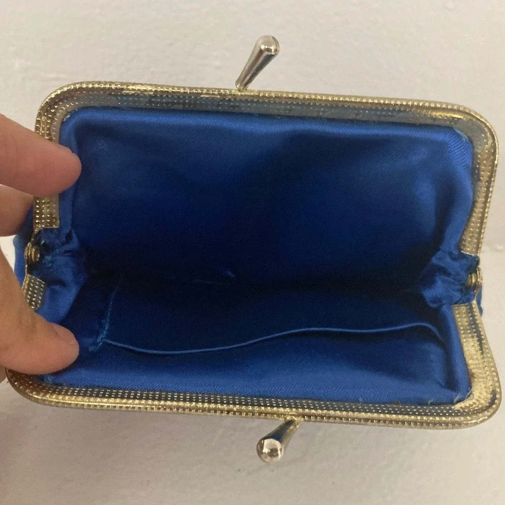 VTG Royal Blue Embroidered Floral Bird Kiss Lock Coin Purse Pouch Asian Oriental